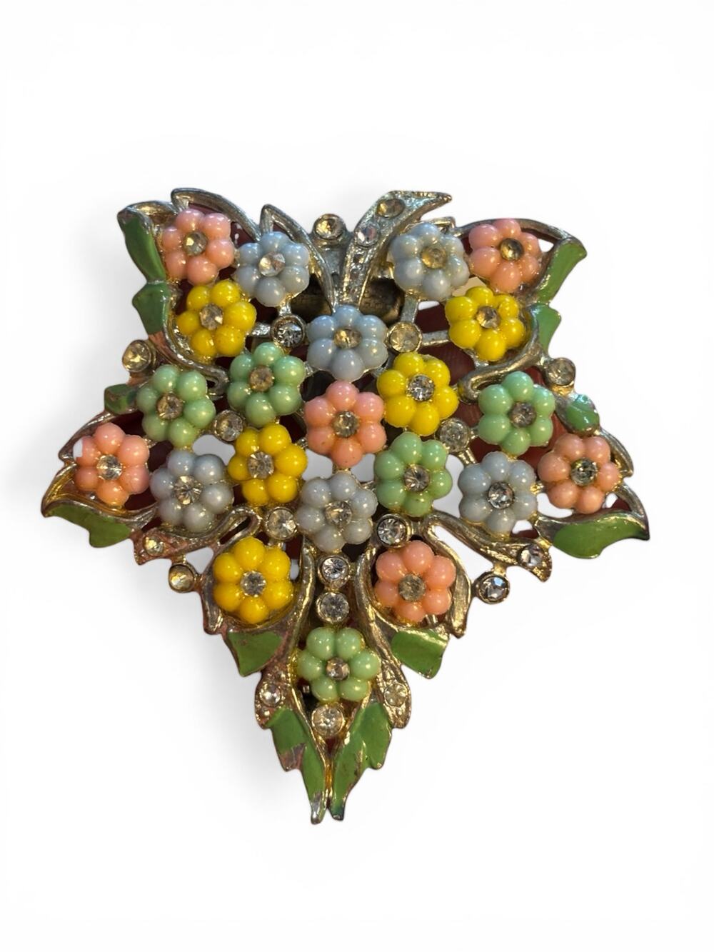 Vintage Pastel Enamel Flower Dress Clip Rhinestone Floral Fur Clip 1930s 40s